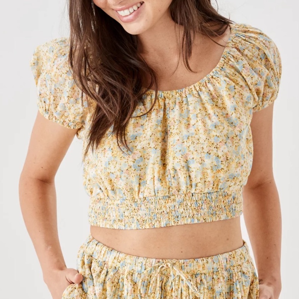 American Eagle Yellow Floral Puff Sleeve Crop Top Sz Small